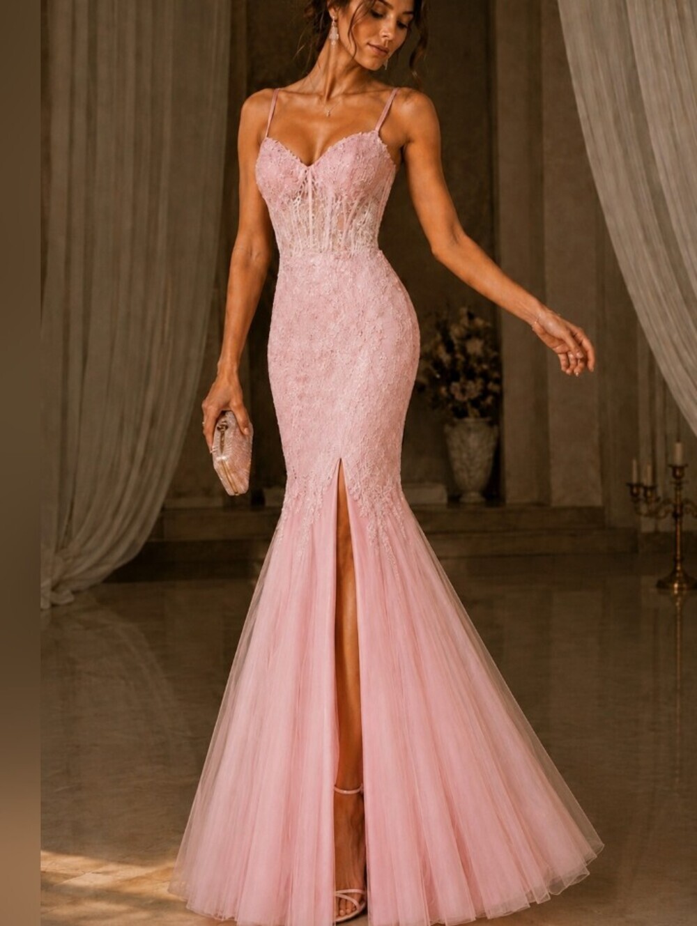 Hebeos Elegant Pink Lace Evening Dress with Corset Bodice -Pictures For Size (6)